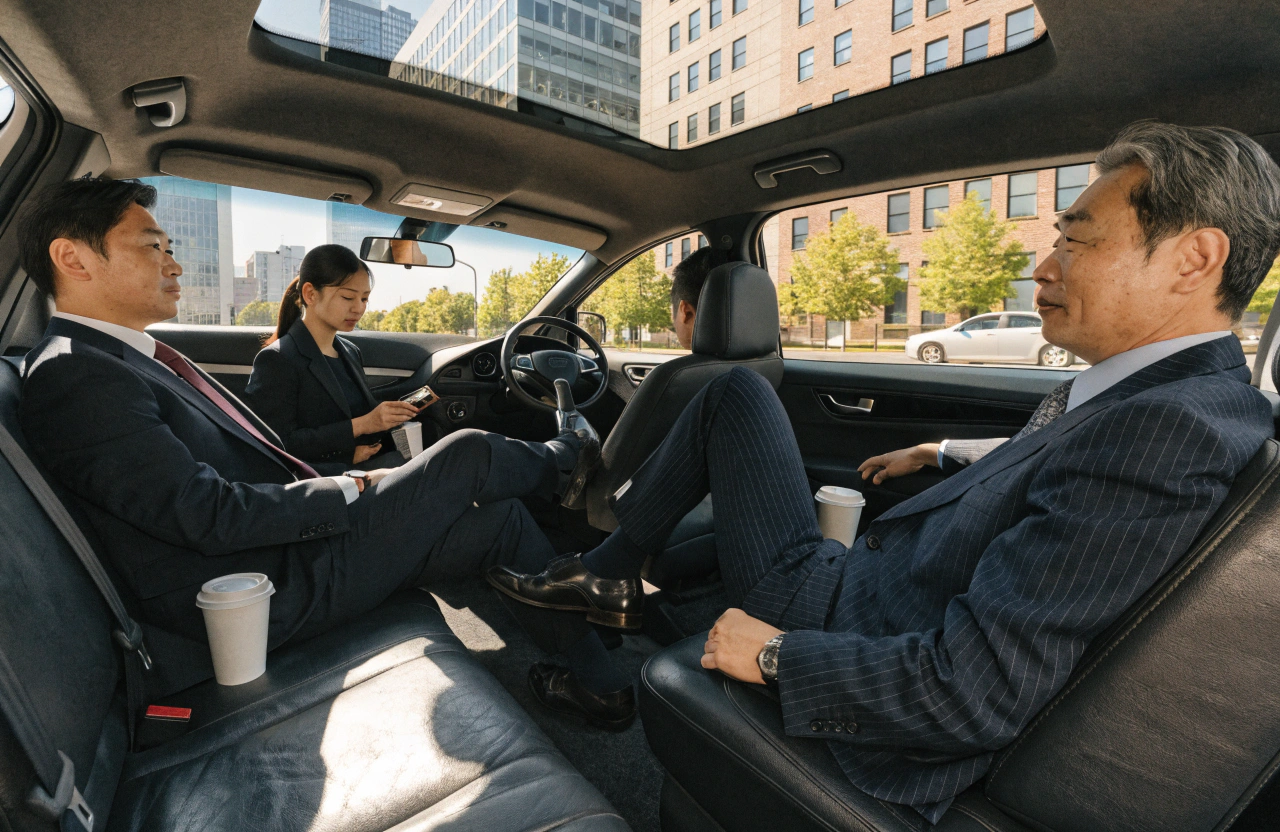 明るい昼間の都心を走るタクシー車内を、少し俯瞰気味の自然な構図で描く。