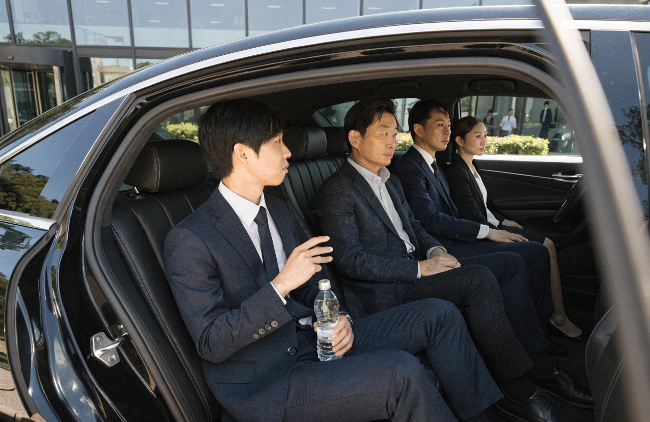 社用車の後部座席で、スーツ姿の20代日本人男性社員が、運転席側後ろの最上座に40代日本人男性の取引先客を丁寧に案内している様子を捉えたワンシーン。