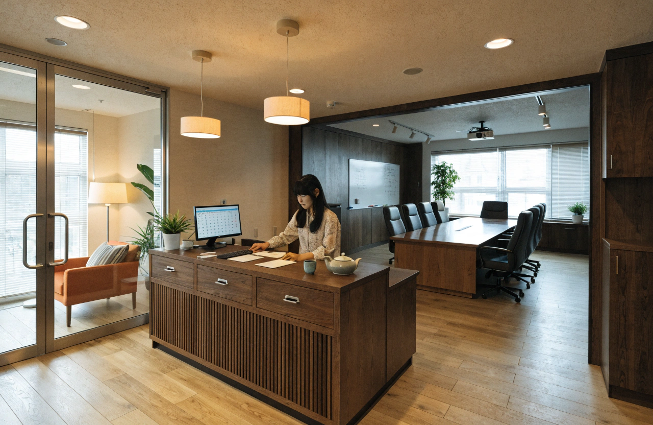 明るい色調の現代的な日本のオフィス受付と会議室を一体的に描いたイラスト。
