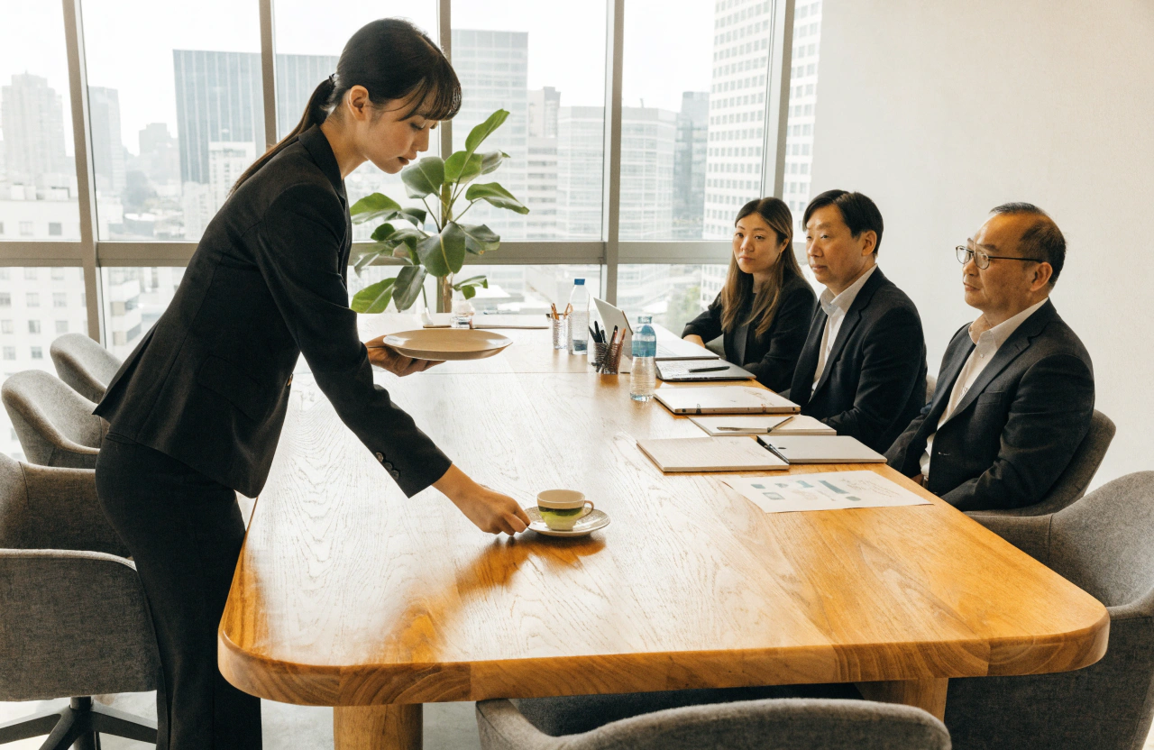 明るいオフィス会議室、ガラス窓から自然光が差し込む中、会議テーブルに座った40代の日本人男性ビジネスパーソン2名と30代の日本人女性ビジネスパーソン1名を来客側として配置し、手前には20代の日本人女性社員が黒のスーツに身を包み、丁寧な所作でトレーから湯のみと受け皿を取り出し、お客様の左側からお茶を静かにテーブルへ置いている瞬間をとらえたカット。