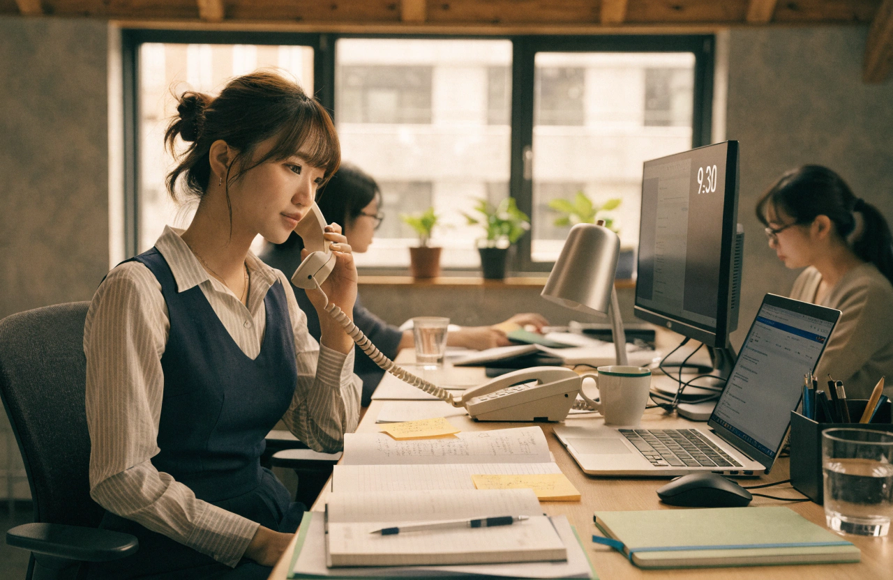 明るいオフィスの一角、デスクに座った20代の日本人女性ビジネスパーソンが、落ち着いた表情で固定電話を手に取り、パソコン画面の時計が「9:30」を示している様子を自然な構図で描く。