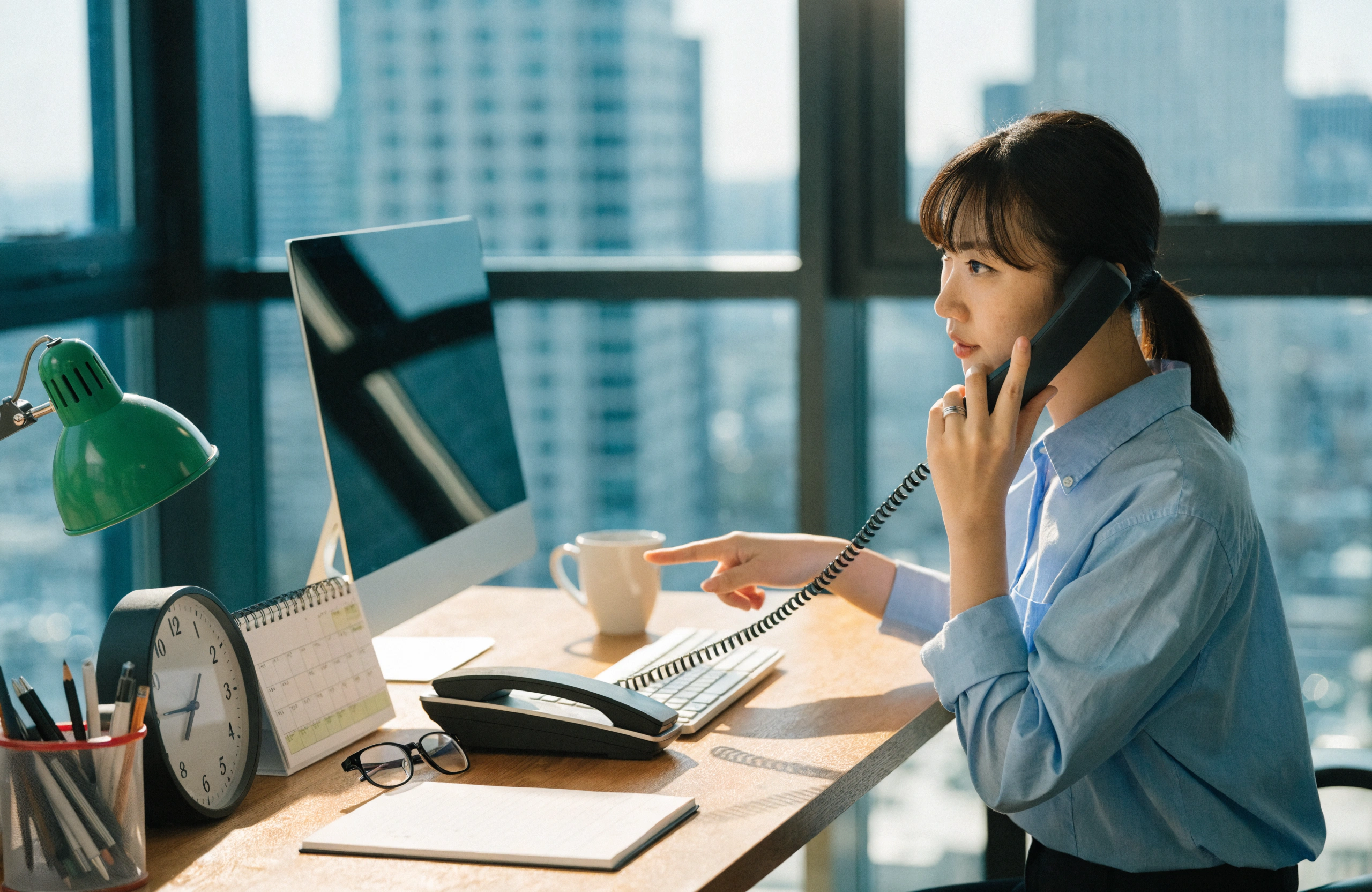 明るいオフィス、デスクに座った20代の日本人女性ビジネスパーソンが、落ち着いた表情で固定電話を手に取り、もう片方の手で机上のアナログ時計とスケジュール帳（カレンダー）を確認している様子を描く。