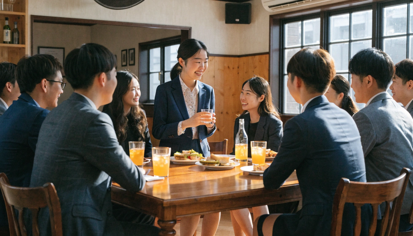 明るい居酒屋風の個室で行われる新入社員歓迎会のシーン。