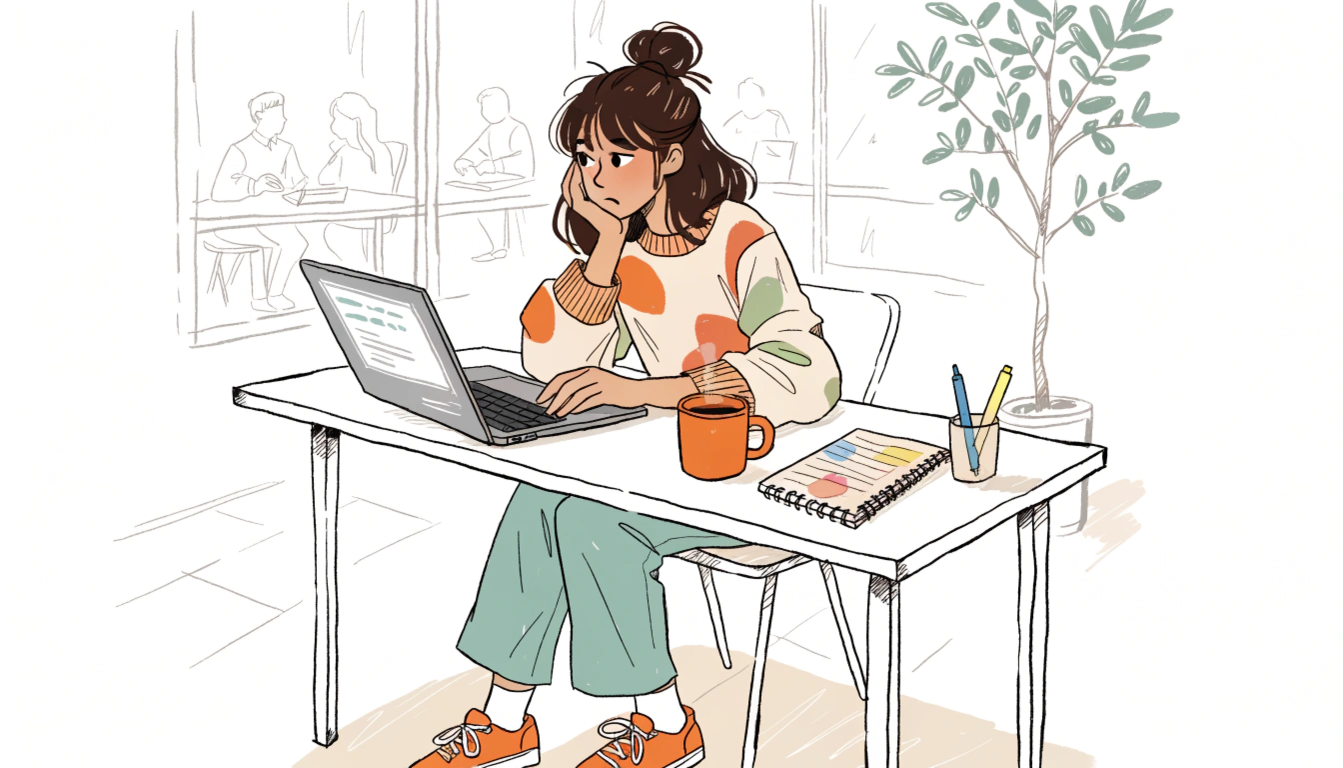 明るい色調で、オフィスのデスクに座る20代の日本人女性が、ノートパソコンの画面を見ながら少し悩みつつも落ち着いた表情でメール文面を考えている様子を描いたイラスト。