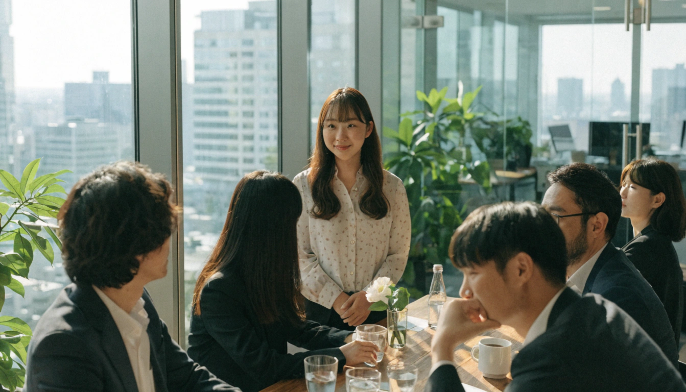 明るいオフィスの会議室で、異動挨拶をするシーン。