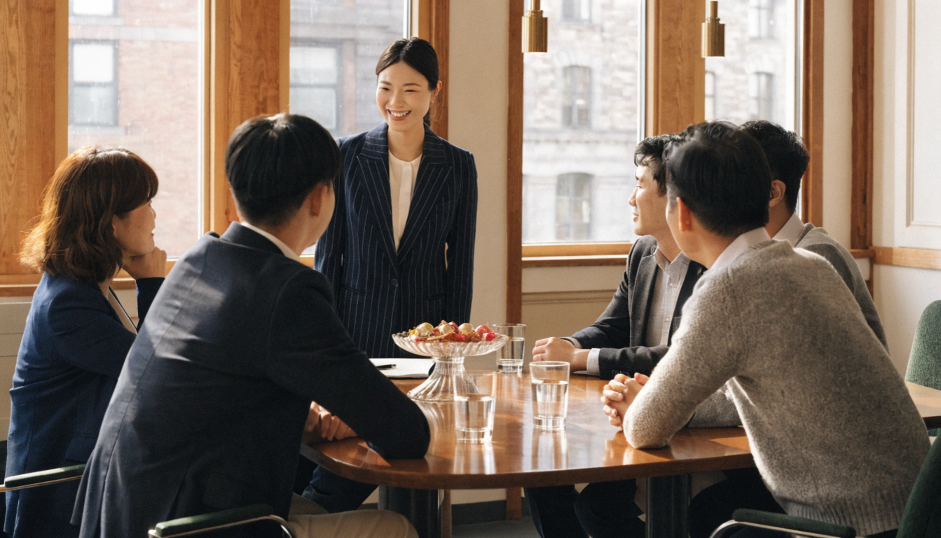 明るいオフィスの会議スペースで、20代後半の日本人女性ビジネスパーソンが、同僚たち（20〜40代の日本人男女数名）に向かって笑顔で異動の挨拶をしている場面。