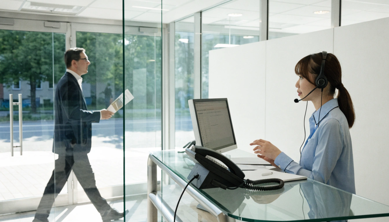 明るいオフィス受付カウンターが舞台。